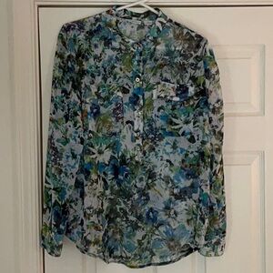 Liz Claiborne Blue Green Relaxed Mandarin Collar Blouse
